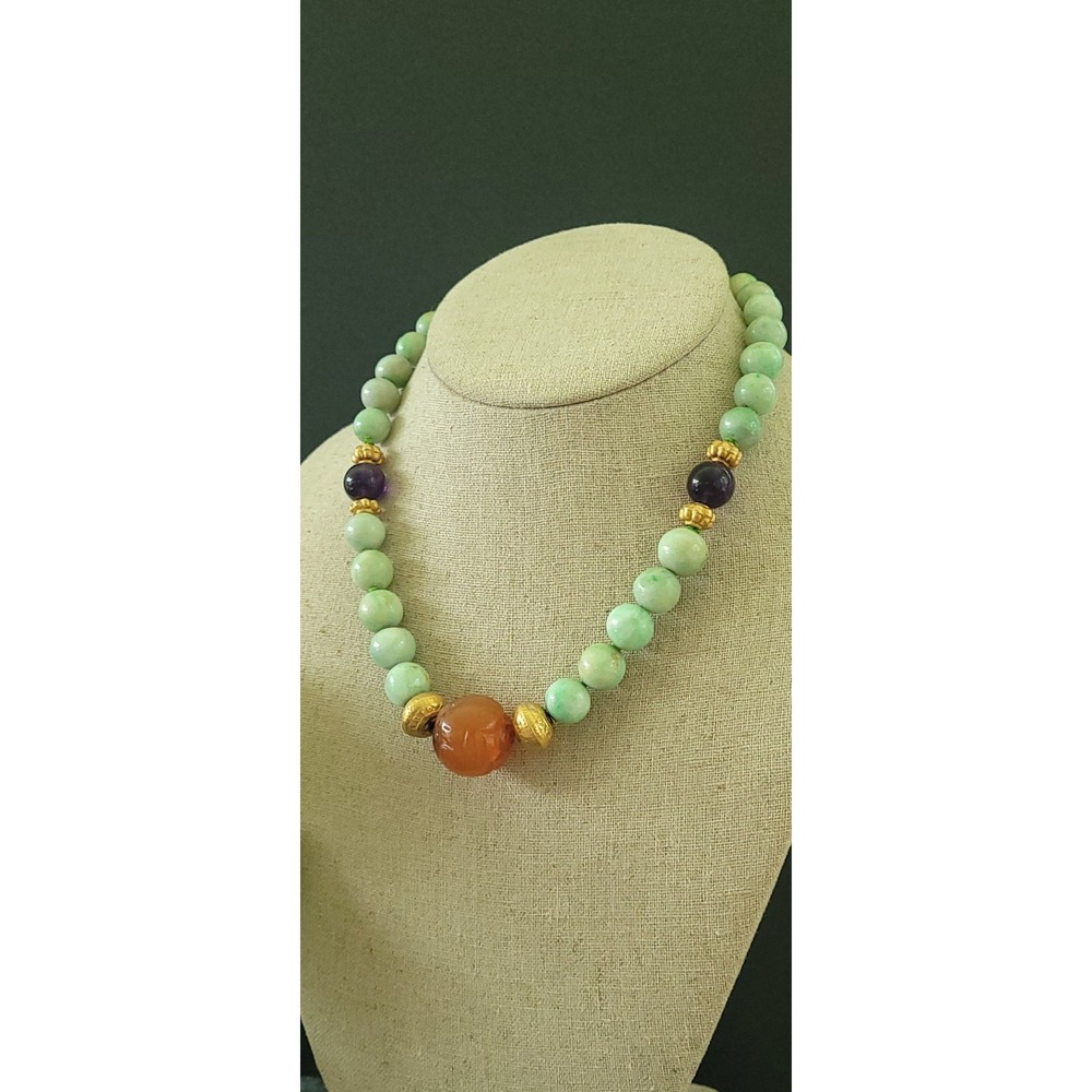 Vintage Jade Amethyst Carnelian Necklace 14K 22K+ Gold Clasp 17in 81g
